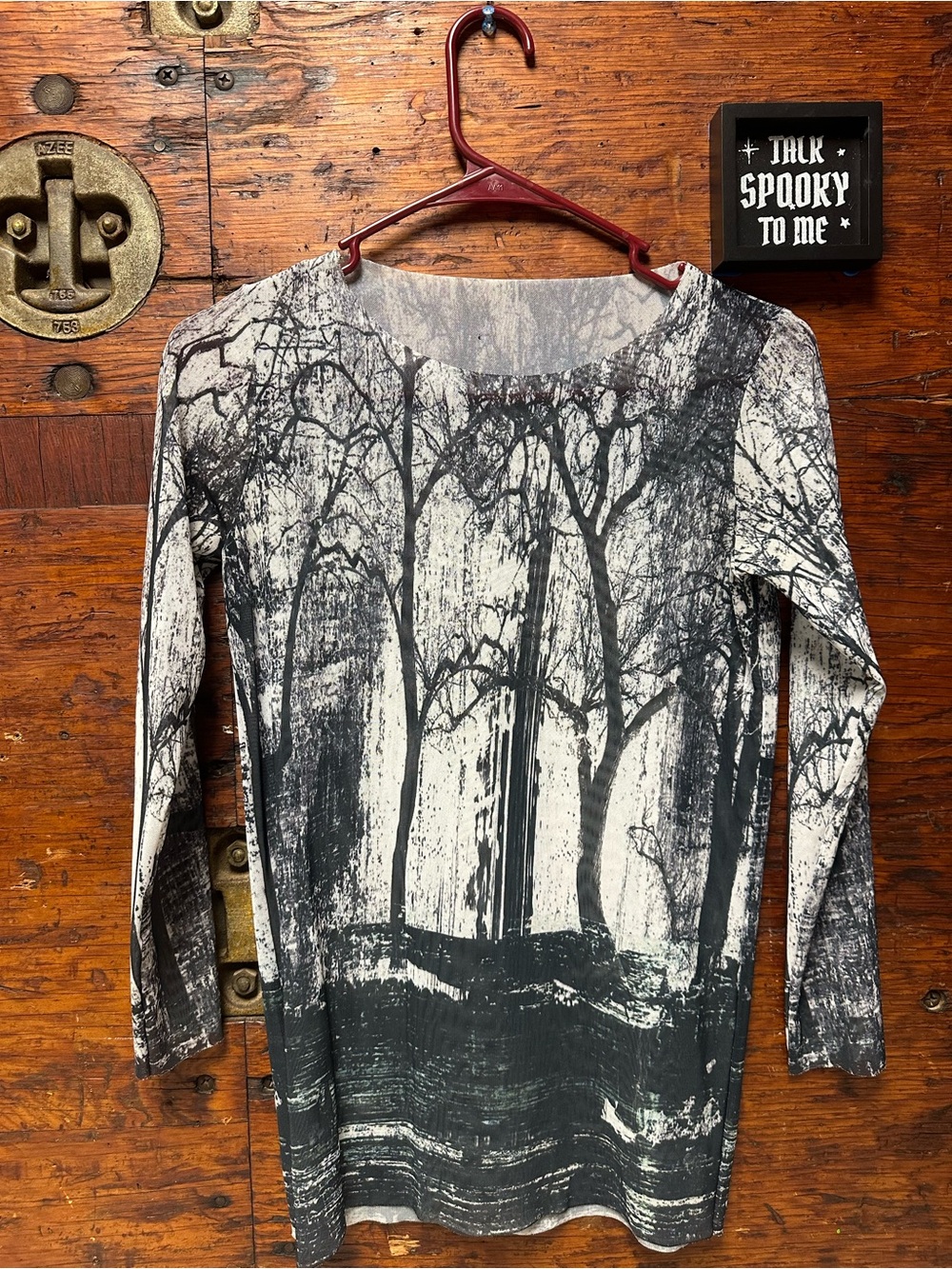 Women’s Witchy Mesh Scenic Forest Print Long-Sleeve Top - Black & White S/M